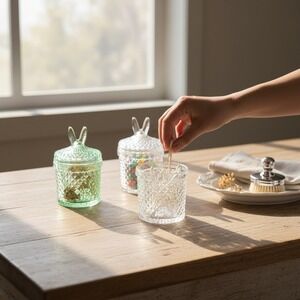 Festive Voice Glass Jar Set Bunny Ear 3pc Green Clear New Diamond Cut Decor